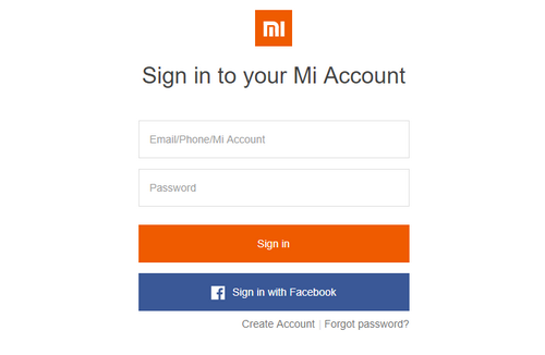 Форма регистрации Mi-аккаунта Форма для входа в Mi-аккаунт